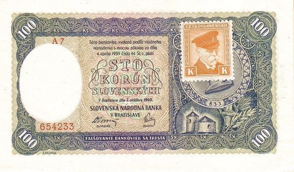 Аверс банкноты 100 крон (Чехословакия) 1940 года