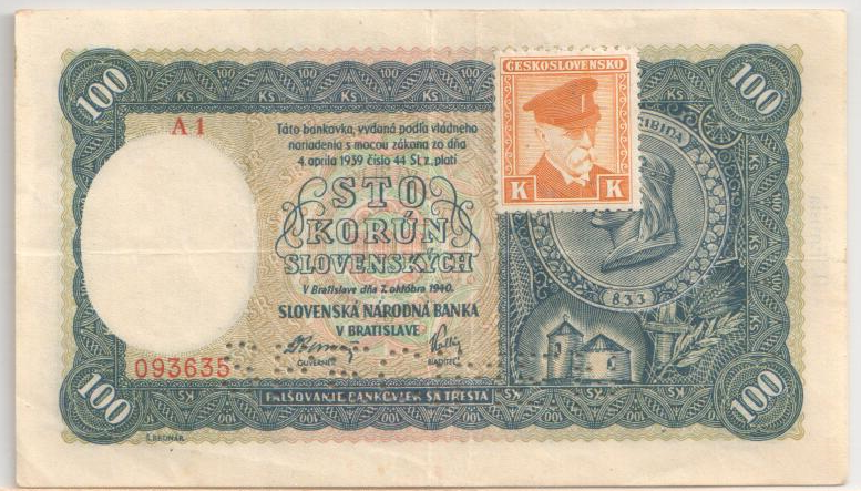 Аверс банкноты 100 крон (Чехословакия) 1945 года