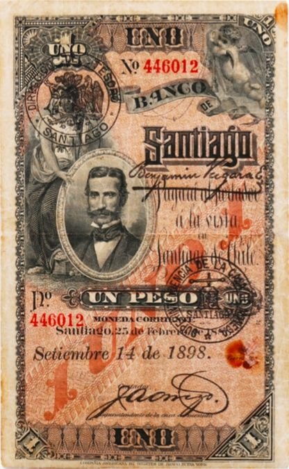 Аверс банкноты 1 песо Надпечатка на P#S411 (Чили) 1898 года