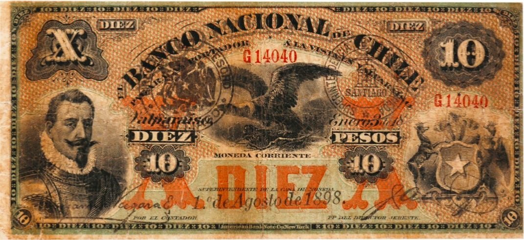 Аверс банкноты 10 песо Надпечатка на P#S334 (Чили) 1898 года