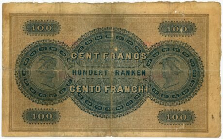Реверс банкноты 100 франков Banque du Commerce (Швейцария) 1883 года