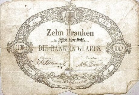 Аверс банкноты 10 франков (Швейцария) 1852 года