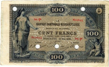 Аверс банкноты 100 франков Neuchâtel Cantonal Bank (Швейцария) 1883 года
