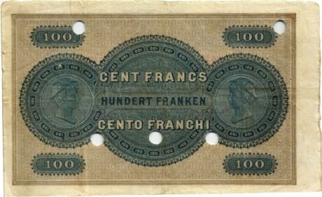 Реверс банкноты 100 франков Neuchâtel Cantonal Bank (Швейцария) 1883 года