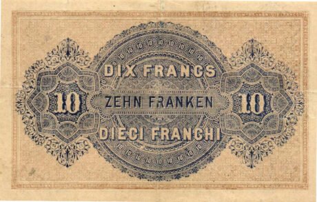 Реверс банкноты 10 franków „Tekst Federalnego Skarbu Państwa w języku francuskim” (Szwajcaria) 1914