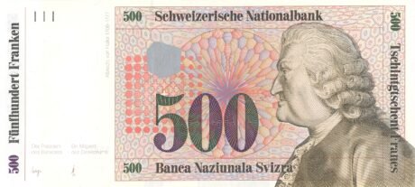 Аверс банкноты 500 франков «7-я серия» reserve banknote (Швейцария) 1985 года