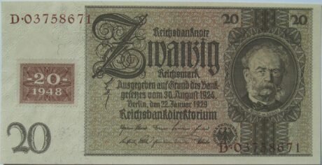 Аверс банкноты 20 немецких марок (Германия) 1948 года