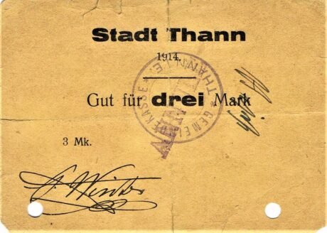 Аверс банкноты 3 marki Thann - stempel annule (Niemcy) 1914