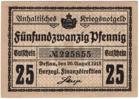 Аверс банкноты 25 пфеннигов Herzogliche Finanzdirektion (Германия) 1918 года