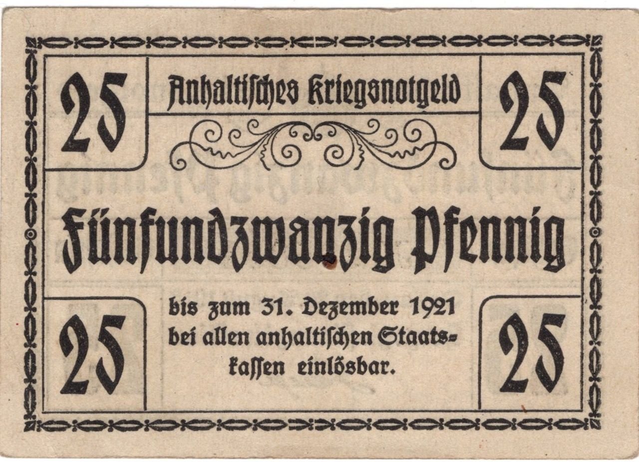 Реверс банкноты 25 пфеннигов Herzogliche Finanzdirektion (Германия) 1918 года