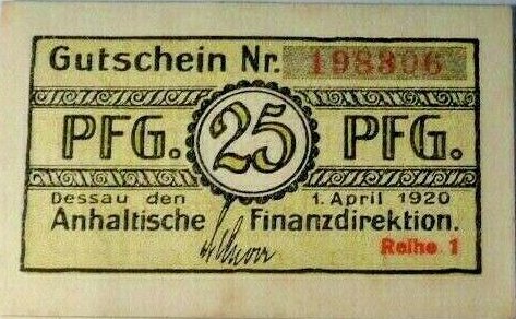 Аверс банкноты 25 пфеннигов Anhaltische Finanzdirektion (Германия) 1920 года