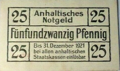 Реверс банкноты 25 пфеннигов Anhaltische Finanzdirektion (Германия) 1920 года