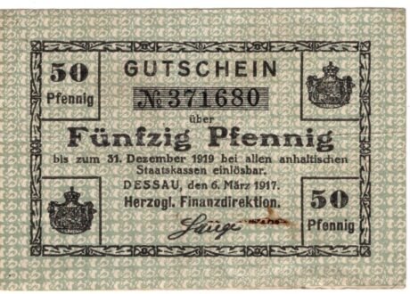 Аверс банкноты 50 fenigów Herzogliche Finanzdirektion (Niemcy) 1917