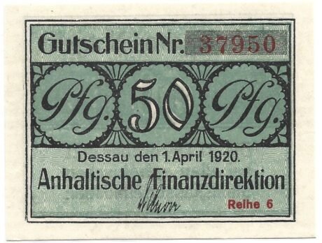 Аверс банкноты 50 fenigów Anhaltische Finanzdirektion (Niemcy) 1920