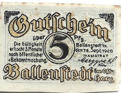 Аверс банкноты 5 fenigów (Niemcy) 1920