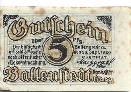 Аверс банкноты 5 пфеннигов (Германия) 1920 года