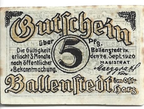 Аверс банкноты 5 fenigów (Niemcy) 1920