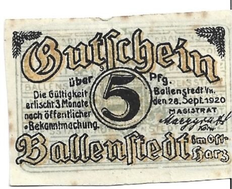 Аверс банкноты 5 fenigów (Niemcy) 1920