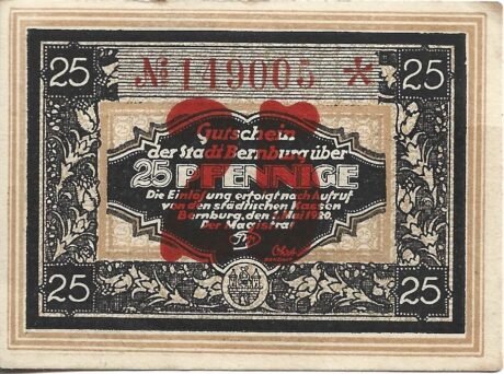 Аверс банкноты 25 fenigów (Niemcy) 1920