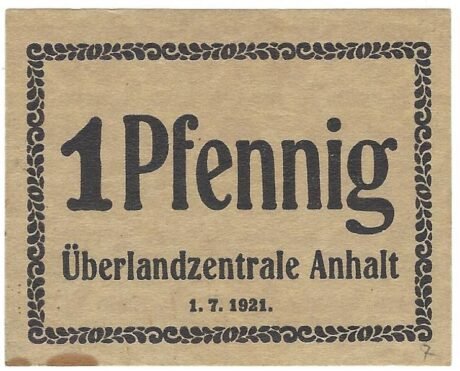 Аверс банкноты 1 fenig Überlandzentrale Anhalt (Niemcy) 1920