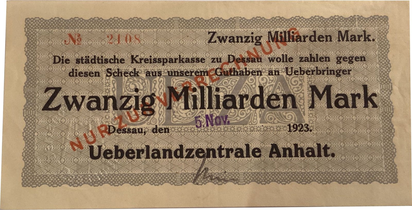 Аверс банкноты 20000000000 марок Ueberlandzentrale Anhalt (Германия) 1923 года