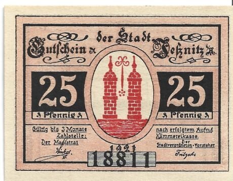 Аверс банкноты 25 fenigów (Niemcy) 1921