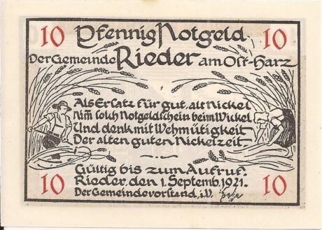 Аверс банкноты 10 fenigów (Niemcy) 1921