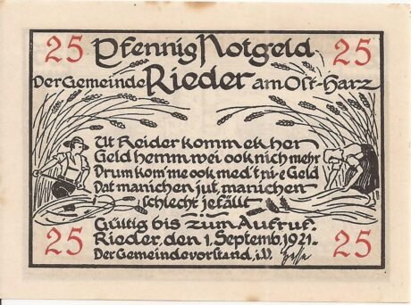 Awers banknotu 25 fenigów (Niemcy) 1921