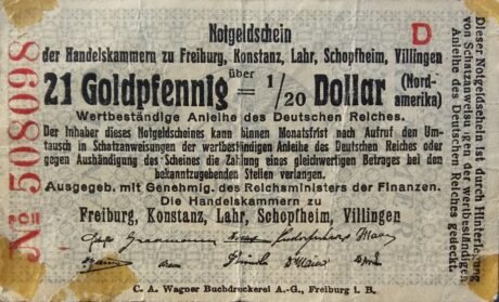 Аверс банкноты 21 złotych fenigów / 1/20 dolara Handelskammern Freiburg, Konstanz, Lahr, Schopfheim, Villingen (Niemcy)