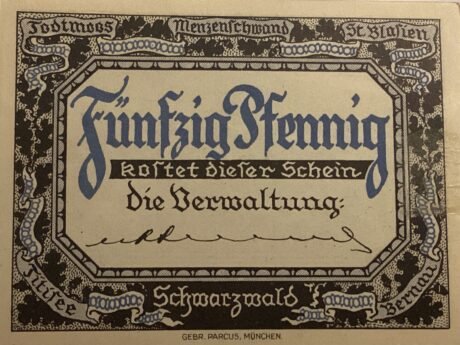 Аверс банкноты 50 fenigów Todtmoos, Menzenschwand, St. Blasien, Titisee, Bernau (Niemcy) 1922