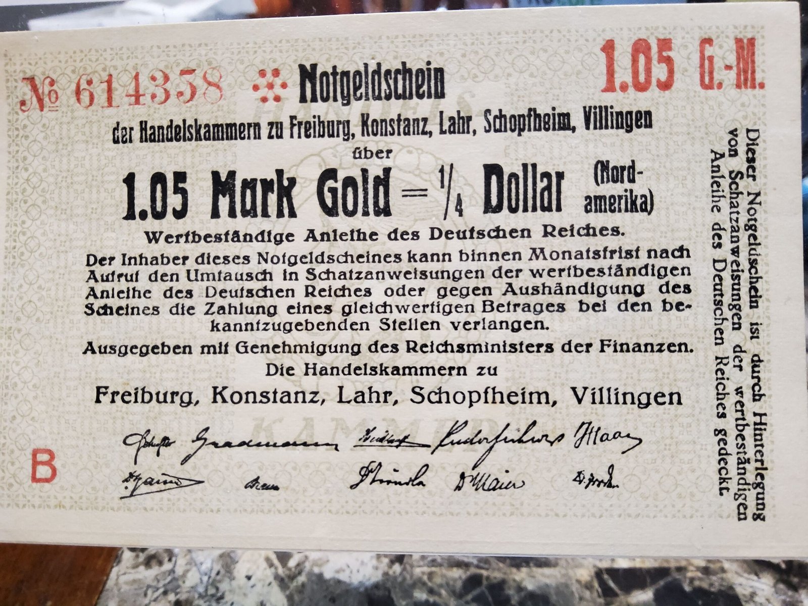 Аверс банкноты 1.05 марок Gold / ¼ доллар Handelskammern Freiburg, Konstanz, Lahr, Schopfheim, Villingen (Германия)