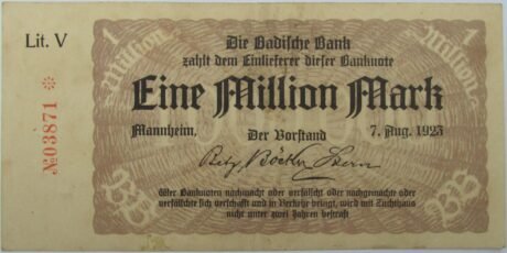 Аверс банкноты 1000000 marek Badische Bank (Niemcy) 1923