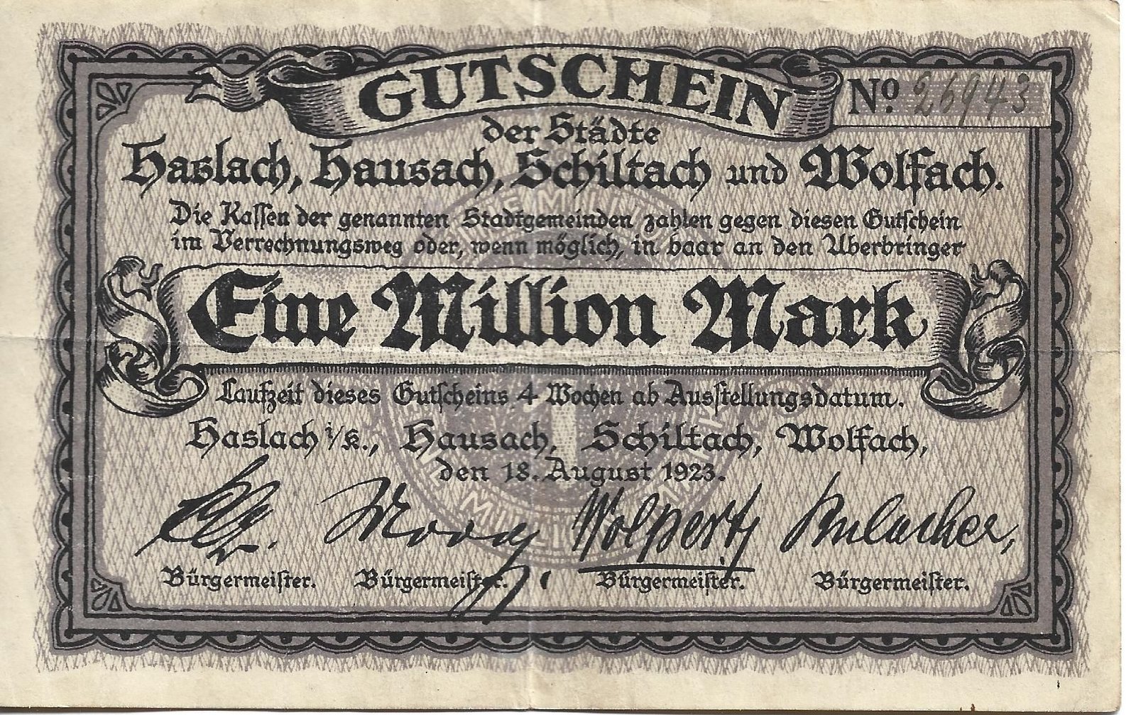 Аверс банкноты 1000000 марок Haslach, Hausach, Schiltach and Wolfach (Германия) 1923 года