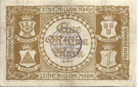 Реверс банкноты 1000000 znaczków Haslach, Hausach, Schiltach i Wolfach (Niemcy) 1923