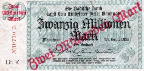 Аверс банкноты 2000000000 марок Badische Bank, overprint on 20000000 марок (Германия) 1923 года