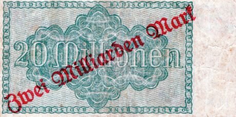 Реверс банкноты 2000000000 марок Badische Bank, overprint on 20000000 марок (Германия) 1923 года
