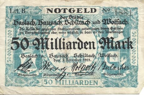 Аверс банкноты 50000000000 marek Haslach, Hausach, Schiltach i Wolfach (Niemcy) 1923
