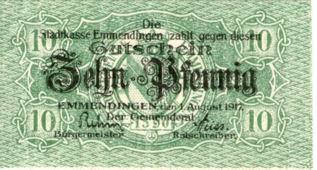 Аверс банкноты 10 fenigów (Niemcy) 1917