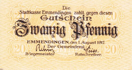 Аверс банкноты 20 fenigów (Niemcy) 1917