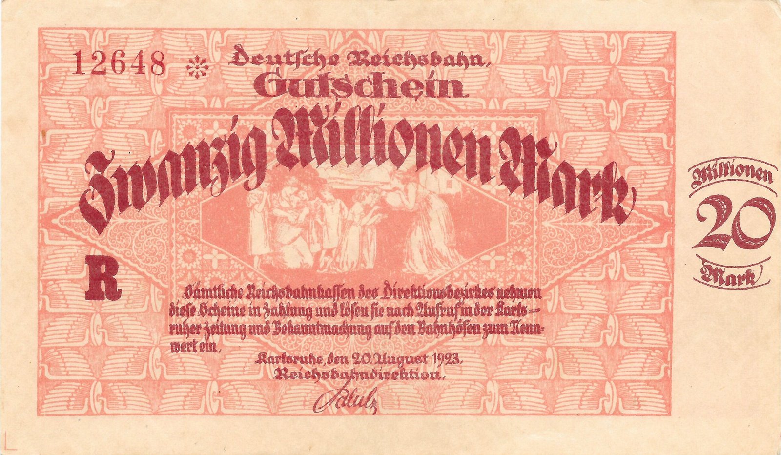 Аверс банкноты 20000000 марок Reichsbahndirektion (Германия) 1923 года