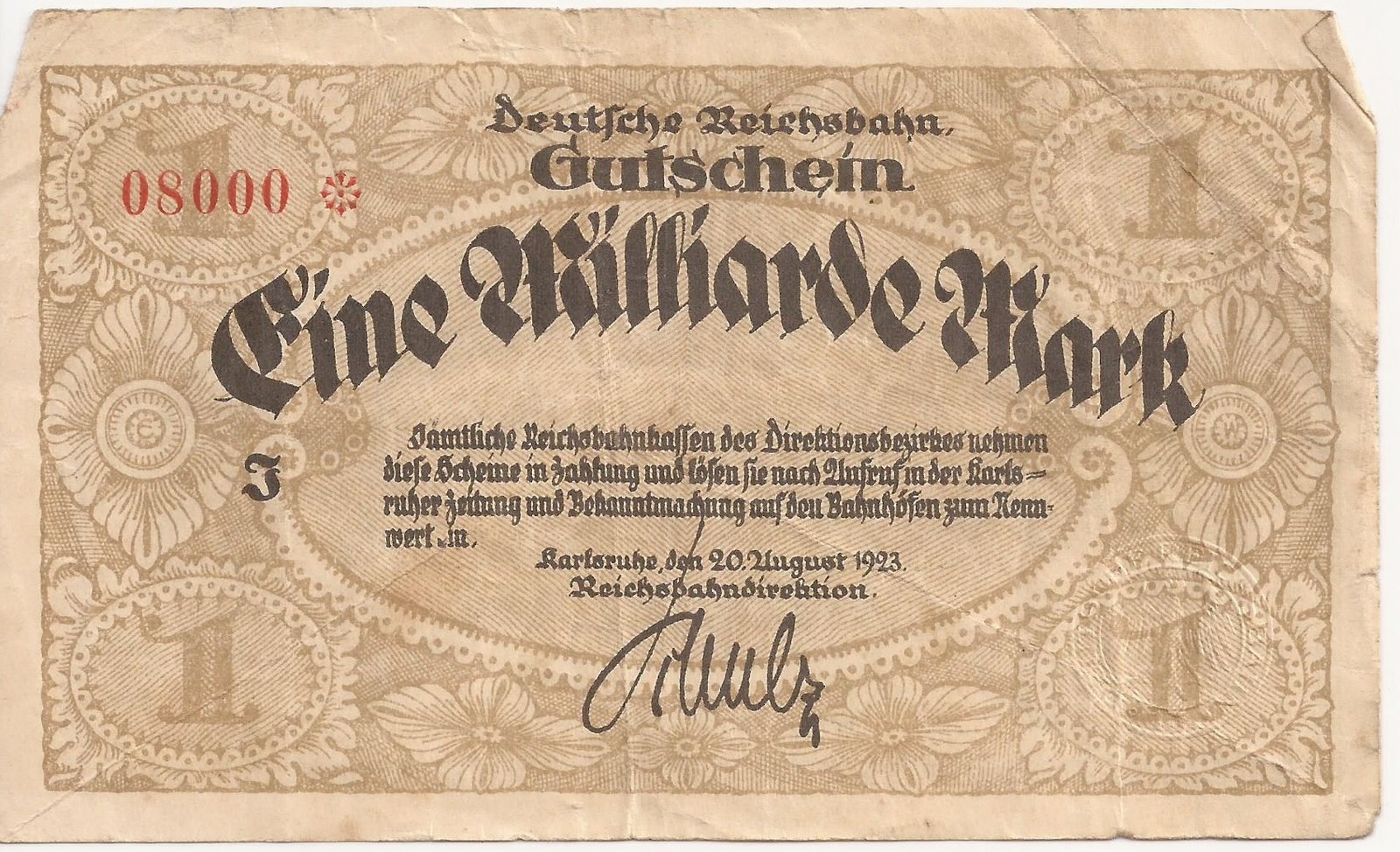 Аверс банкноты 1000000000 марок Reichsbahndirektion (Германия) 1923 года