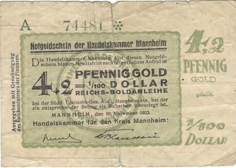 Аверс банкноты 4,2 fenigów złoto / 1/100 dolara amerykańskiego Handelskammer (Niemcy) 1923