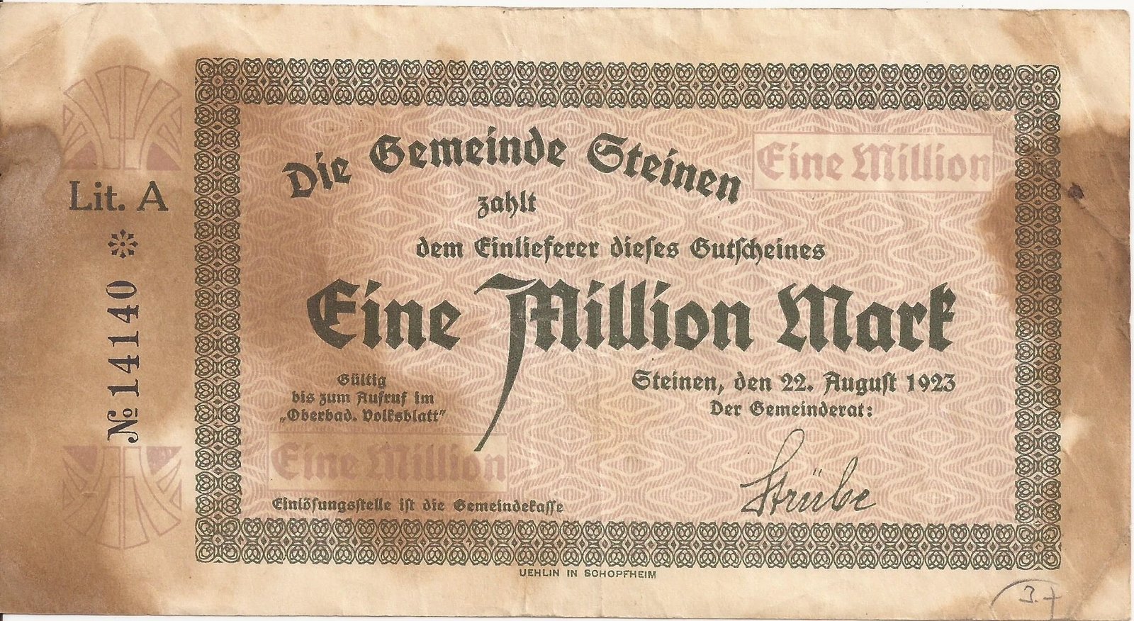 Аверс банкноты 1000000 марок (Германия) 1923 года