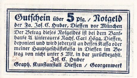 Аверс банкноты 5 fenigów Dießen am Ammersee; Jos C. Huber (Niemcy) 1920