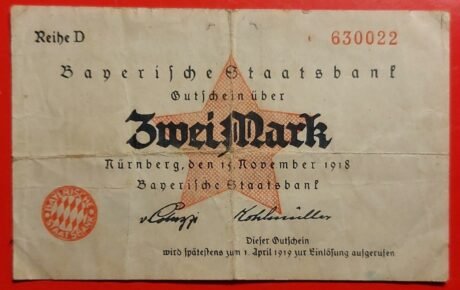 Аверс банкноты 2 znaki Bayerische Staatsbank (Niemcy) 1918