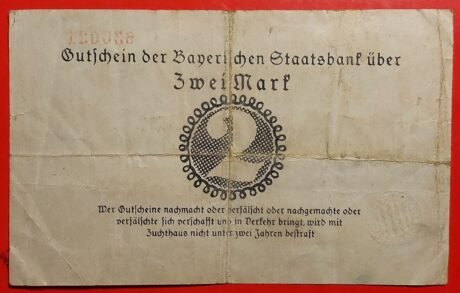 Реверс банкноты 2 znaki Bayerische Staatsbank (Niemcy) 1918
