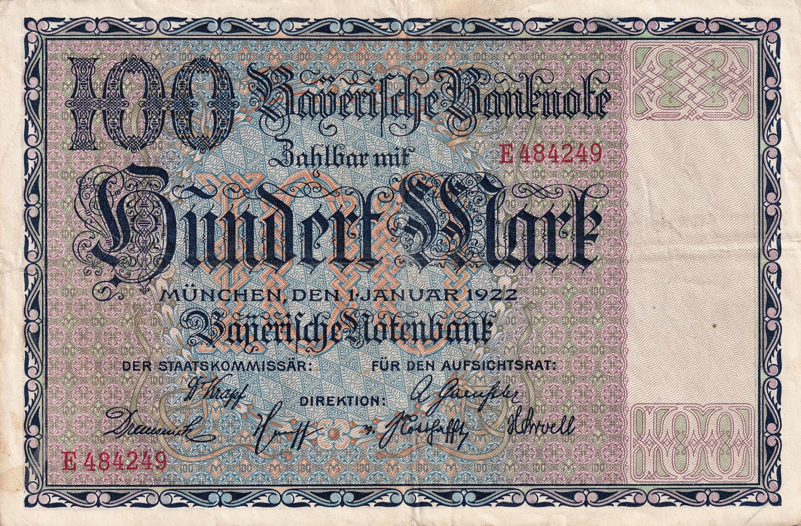 Аверс банкноты 100 марок Bayerische Notenbank (Германия) 1922 года