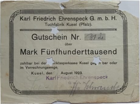 Аверс банкноты 500000 marek Kusel; Tuchfabrik Karl Friedrich Ehrenspeck (Niemcy) 1923