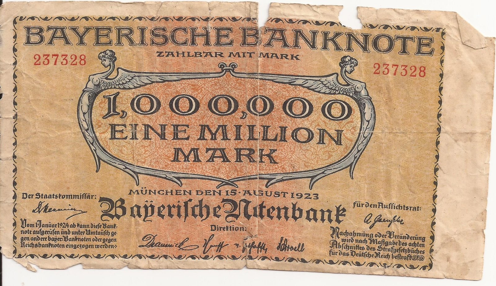 Аверс банкноты 1000000 марок Bayerische Notenbank (Германия) 1923 года