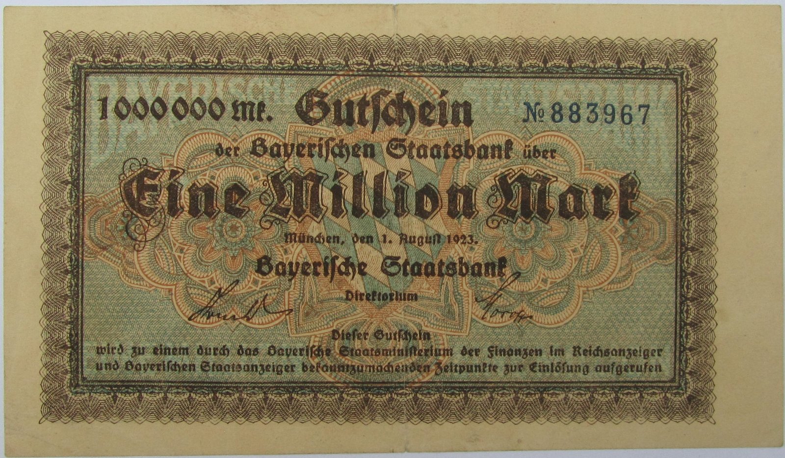 Аверс банкноты 1000000 марок Bayerische Staatsbank (Германия) 1923 года